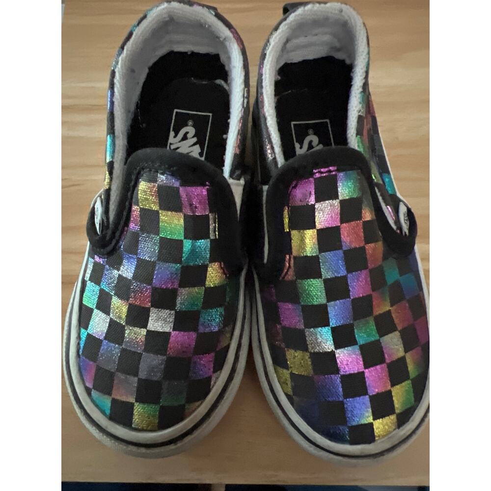Vans Slip-On Shoes Girls Size 6 Iridescent/Black Checkerboard US Toddler